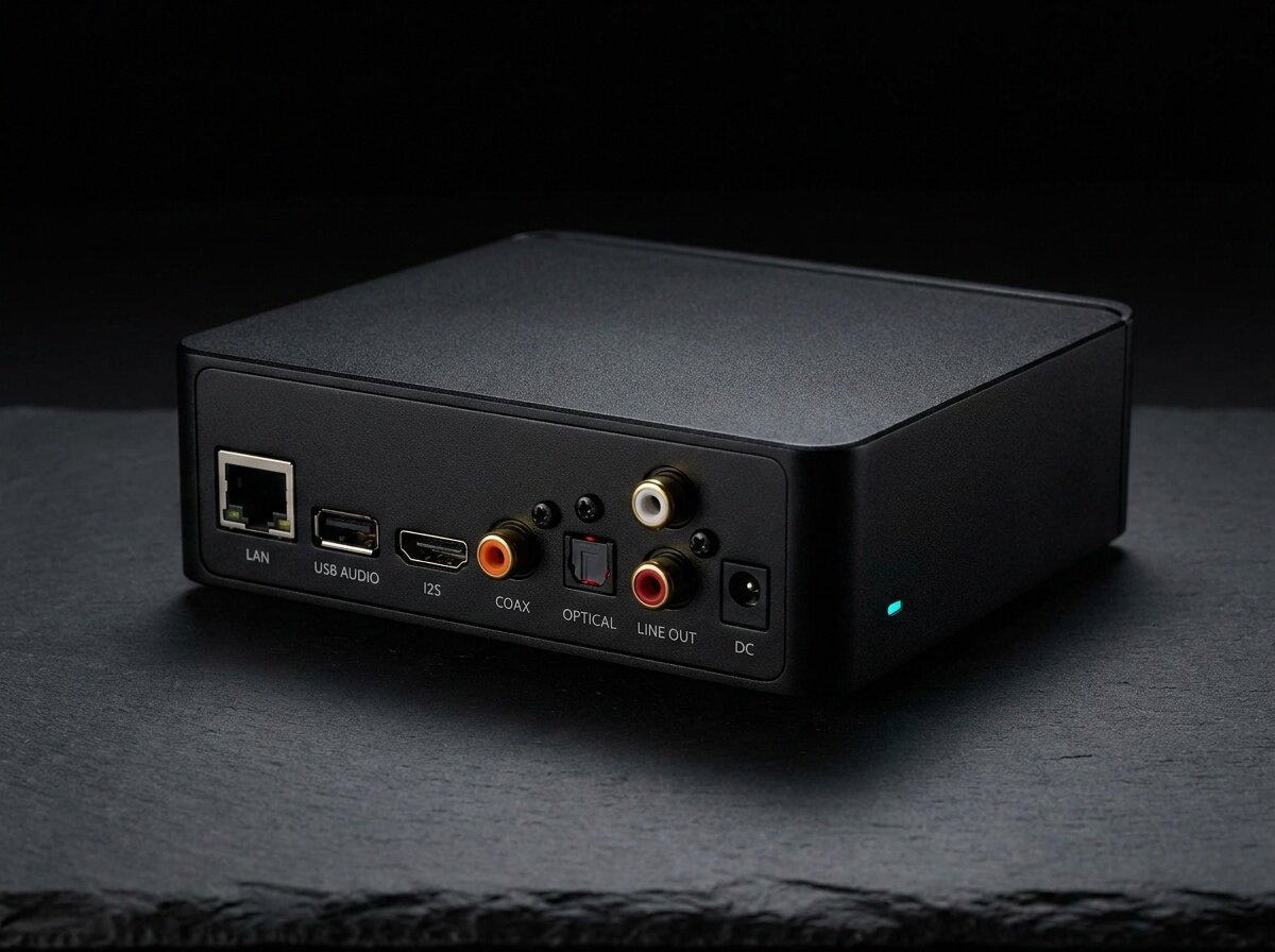 The Verity box from behind: LAN, USB audio, I2S, coax, optical, line out