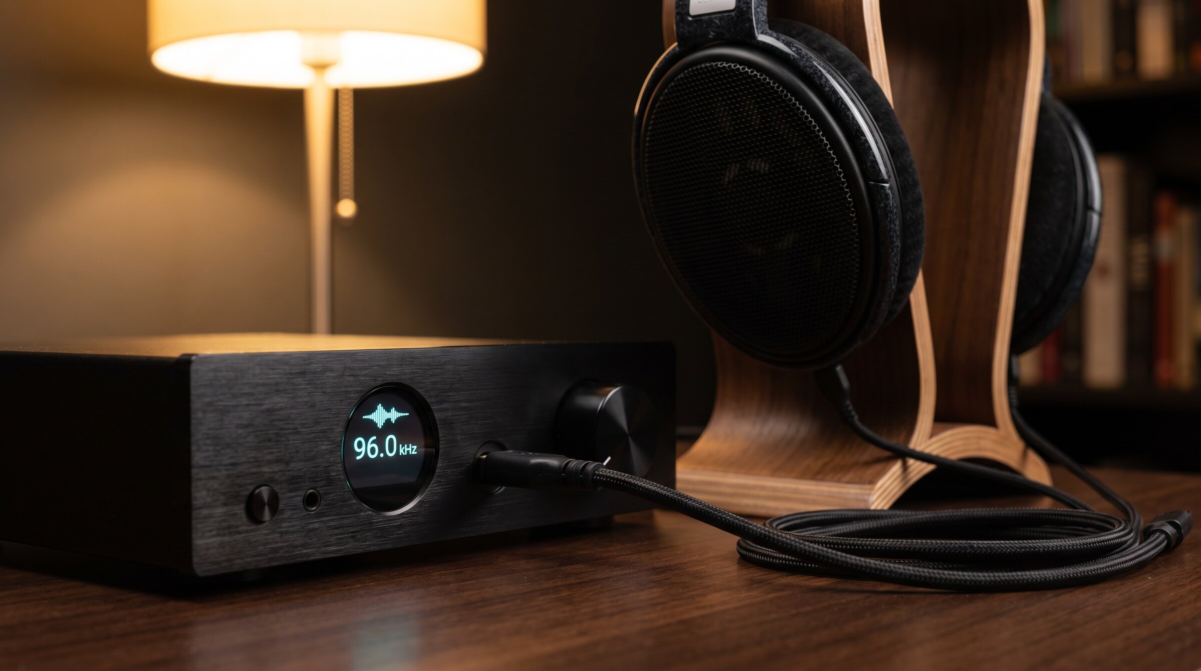 A desktop DAC and headphone amplifier showing 96.0 kHz on its display, headphones beside it