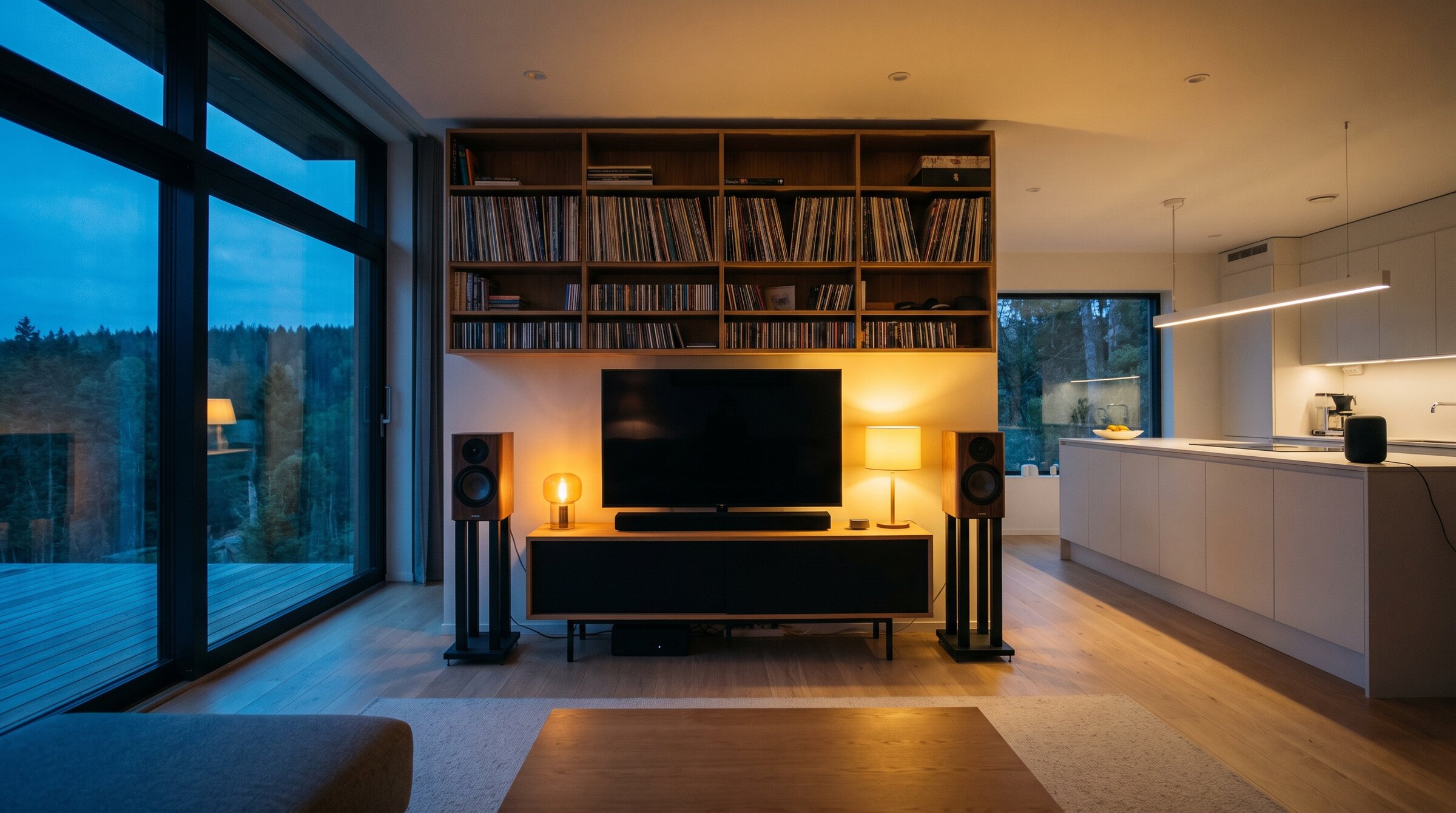An open-plan home at dusk with records on the shelves, speakers on stands, a soundbar and a smart speaker in the kitchen